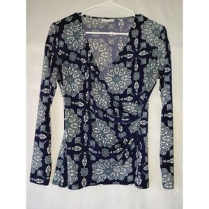 New York & Co Dress Shirt Blouse Navy/teal Paisley Wrap Style Size XS EUC